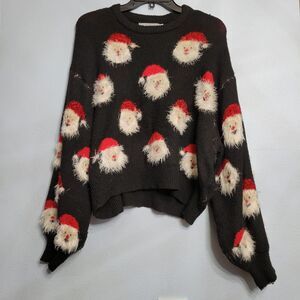 Fuzzy Santa Claus Ugly Christmas Sweater Black Womens Size Large Cropped Knit